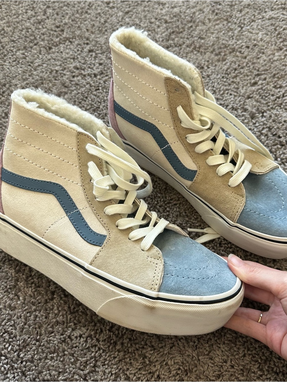Vans High-Top Suede Sneakers in Cream, Blue, and Pink